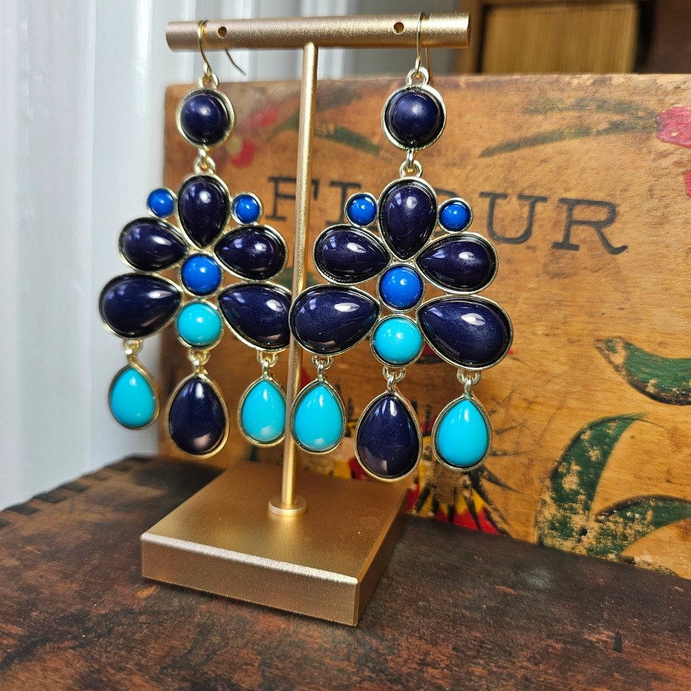 Blue Gold Tone Teardrop Dangle Earrings Women OS Chandelier Statement